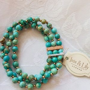 Genuine Gemstones Green Turquoise Iris & Lily Stretch Bracelet Coper Finish